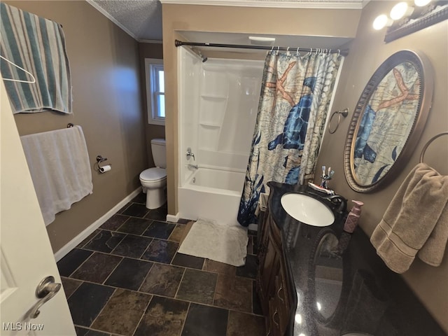 full bath featuring baseboards, vanity, toilet, ornamental molding, and shower / bathtub combination with curtain