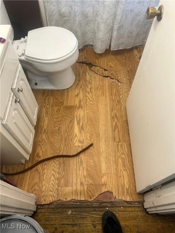 bathroom with toilet and wood finished floors