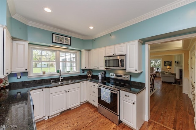 kitchen featuring a sink, crown molding, stainless steel appliances, and white cabinetry