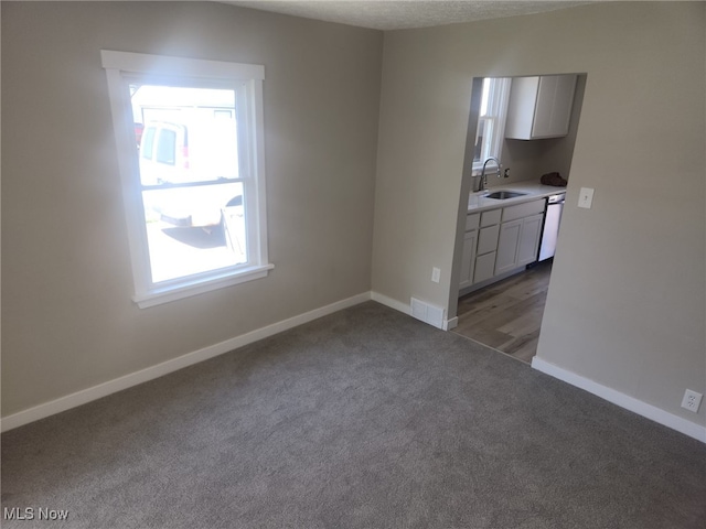 carpeted empty room featuring a healthy amount of sunlight, baseboards, a sink, and visible vents