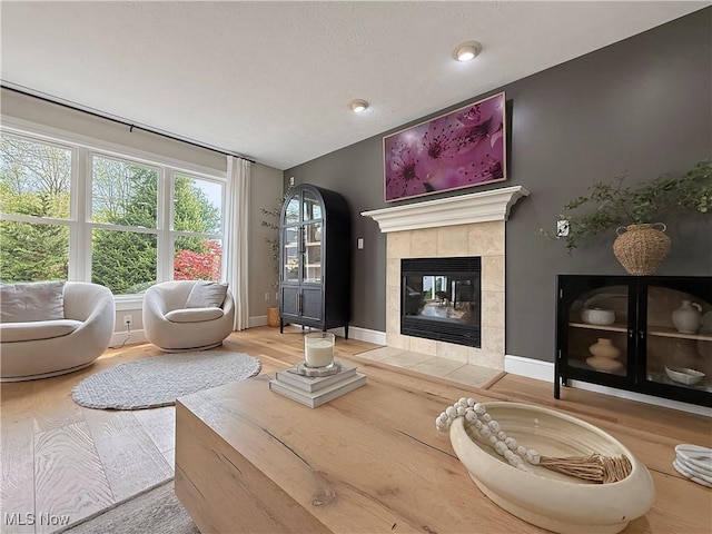 living area with baseboards, wood finished floors, and a fireplace