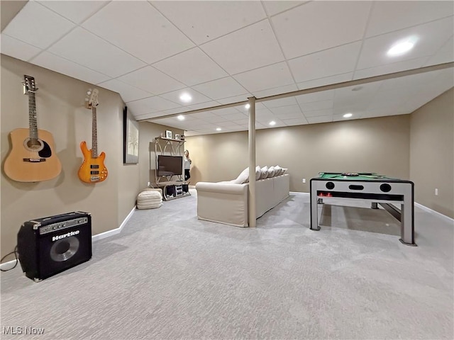rec room featuring recessed lighting, baseboards, and carpet