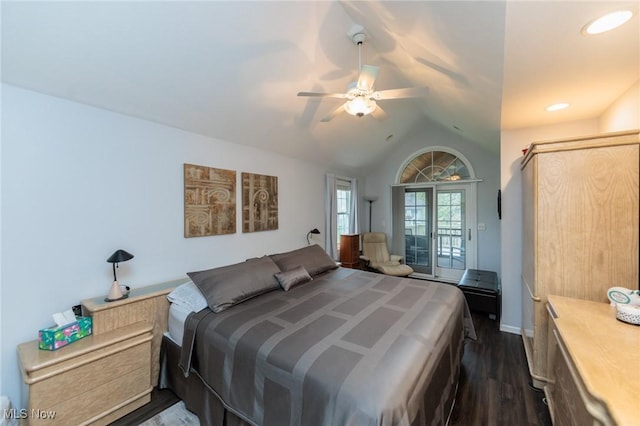 117 Royal Oak Dr, Aurora, OH 44202 - bedroom with dark wood finished floors, ceiling fan, lofted ceiling, and access to exterior