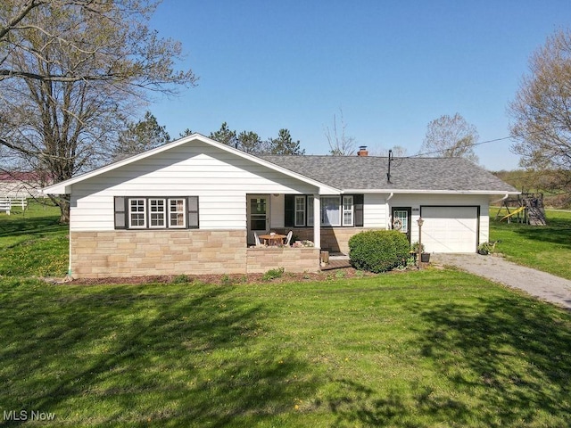ranch-style house with a shingled roof, a front lawn, stone siding, a garage, and driveway