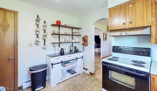 kitchen featuring baseboard heating, arched walkways, electric stove, baseboards, and under cabinet range hood