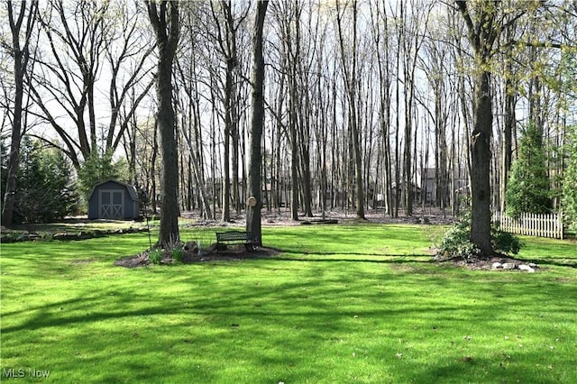 view of yard with an outdoor structure, fence, and a shed