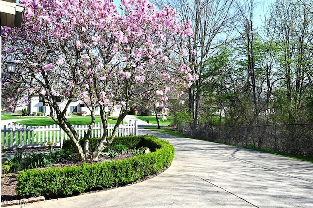 view of community featuring fence