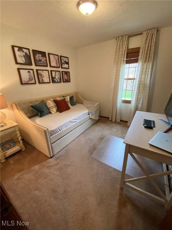 carpeted bedroom featuring a textured ceiling