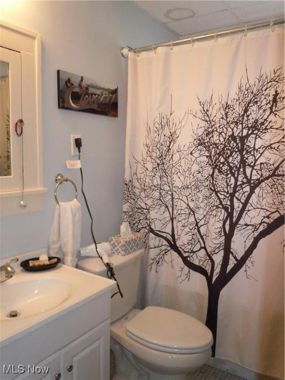 full bath featuring vanity, a shower with shower curtain, and toilet