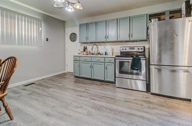 kitchen with visible vents, an inviting chandelier, a sink, light wood finished floors, and stainless steel appliances