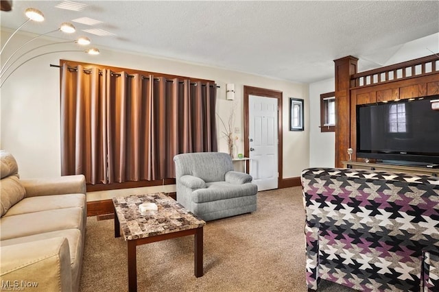 carpeted living area with a textured ceiling