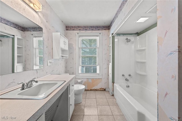 bathroom featuring shower / tub combination, vanity, toilet, tile patterned floors, and wallpapered walls
