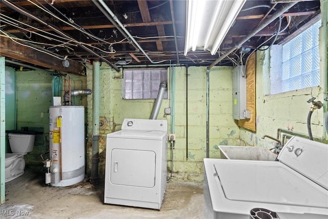 laundry room featuring laundry area, a sink, gas water heater, and washing machine and clothes dryer