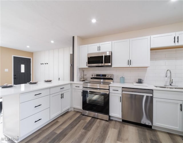 kitchen with light countertops, a sink, a peninsula, and stainless steel appliances