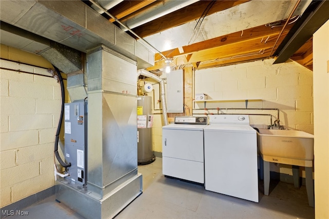 washroom with electric panel, laundry area, a sink, separate washer and dryer, and electric water heater
