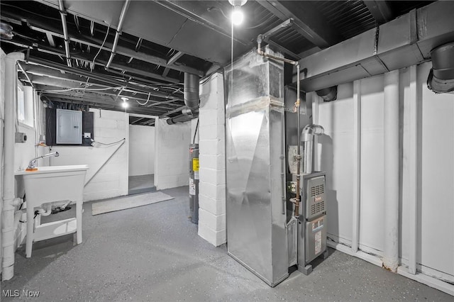 4394 W 139th St, Cleveland, OH 44135 - below grade area featuring water heater, heating unit, electric panel, and a sink