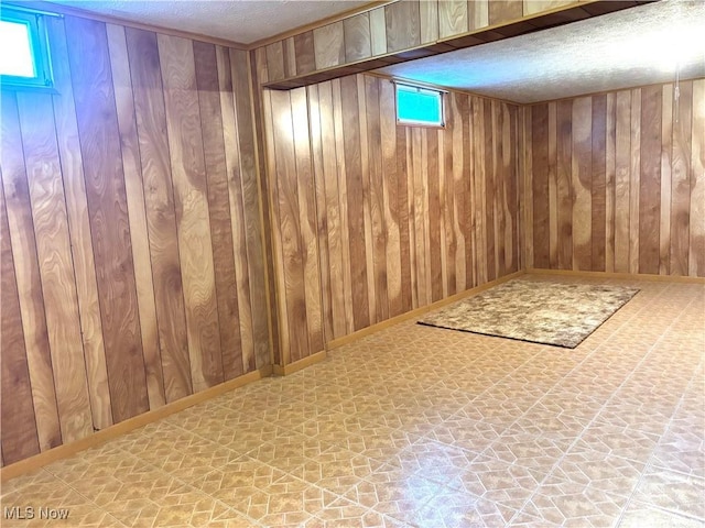below grade area with wooden walls and a textured ceiling