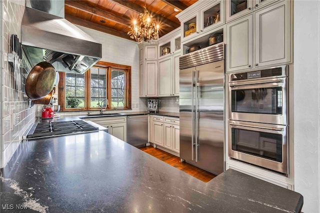 kitchen with wall chimney exhaust hood, wood ceiling, tasteful backsplash, a sink, and stainless steel appliances