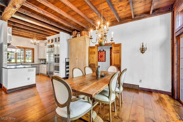 dining area featuring an inviting chandelier, wooden ceiling, beamed ceiling, and hardwood / wood-style flooring