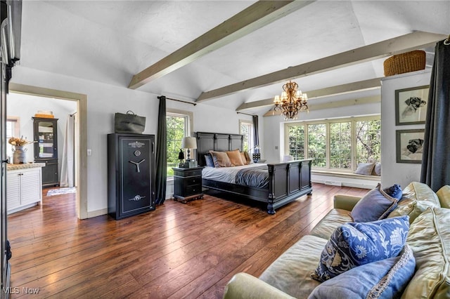 bedroom featuring baseboards, vaulted ceiling with beams, a chandelier, and dark wood-type flooring