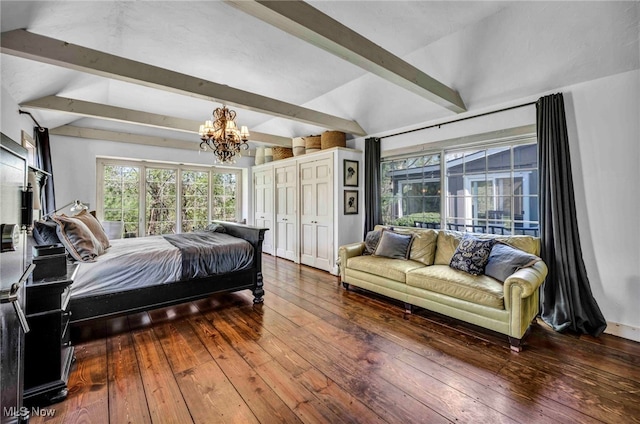 bedroom featuring an inviting chandelier, vaulted ceiling with beams, wood-type flooring, and multiple windows