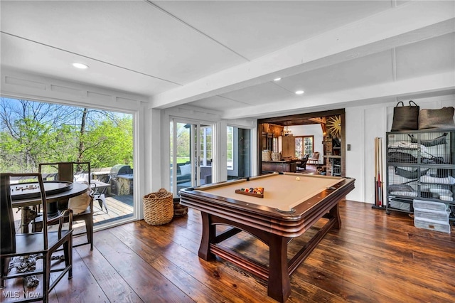 recreation room with recessed lighting, billiards, beam ceiling, and hardwood / wood-style floors