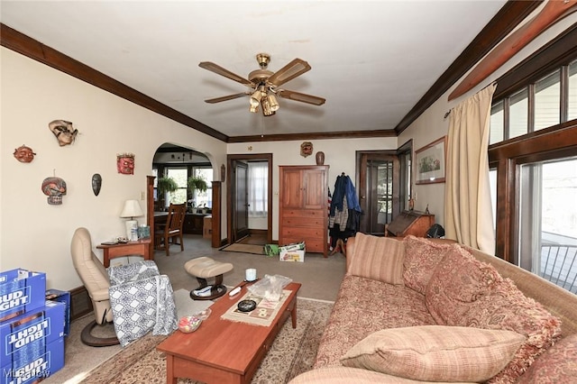 living area featuring arched walkways, ceiling fan, carpet, and ornamental molding