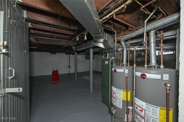 unfinished basement featuring gas water heater
