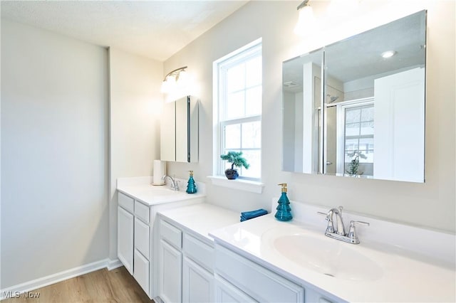 1662 N Eckert Ln, Akron, OH 44313 - bathroom featuring a stall shower, double vanity, a sink, and wood finished floors