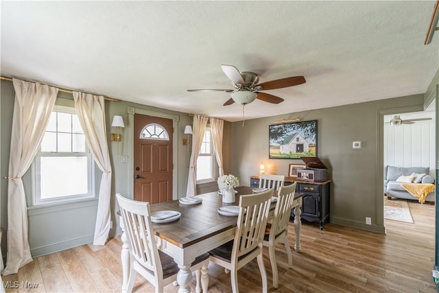 dining room featuring baseboards, ceiling fan, light wood finished floors, and a textured ceiling