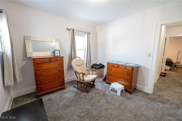living area with carpet floors, crown molding, and baseboards