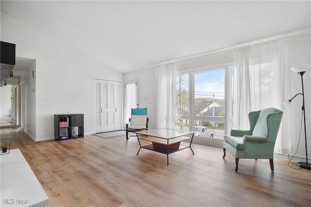 living area with wood finished floors and lofted ceiling