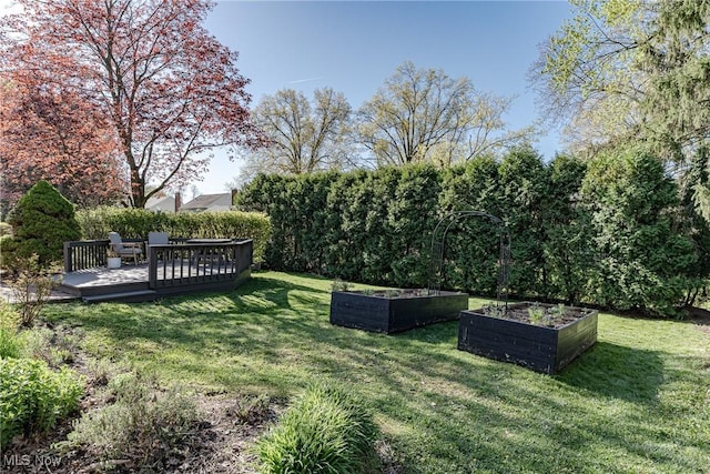 view of yard with a wooden deck and a vegetable garden
