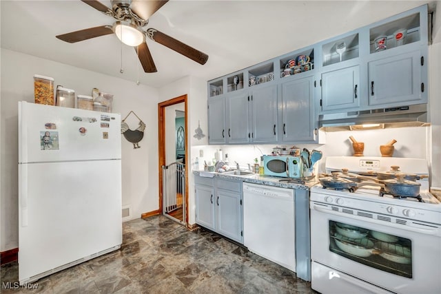 kitchen with ceiling fan, a sink, white appliances, light countertops, and under cabinet range hood