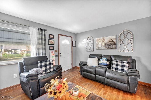 living room with baseboards and wood finished floors