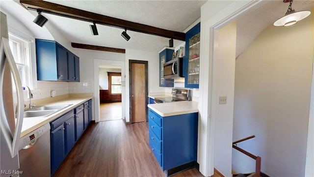 kitchen with dark wood-type flooring, blue cabinets, a sink, and stainless steel appliances
