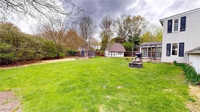 view of yard featuring a fire pit, an outdoor structure, and a storage unit