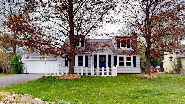 view of front of house with fence, an attached garage, aphalt driveway, a front yard, and a chimney