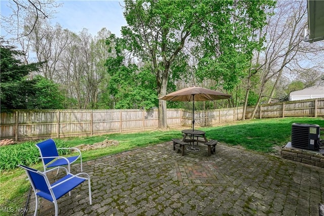 view of patio / terrace featuring a fenced backyard and central air condition unit