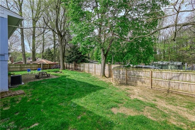 view of yard with central air condition unit and a fenced backyard