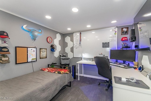 carpeted bedroom with recessed lighting