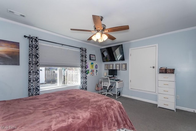 bedroom with crown molding, baseboards, dark colored carpet, and visible vents