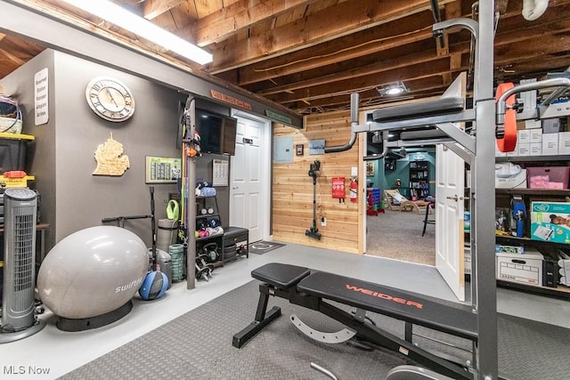 exercise area featuring wooden walls