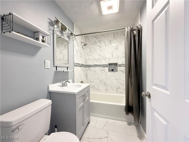 bathroom featuring shower / tub combo with curtain, vanity, toilet, a textured ceiling, and marble finish floor