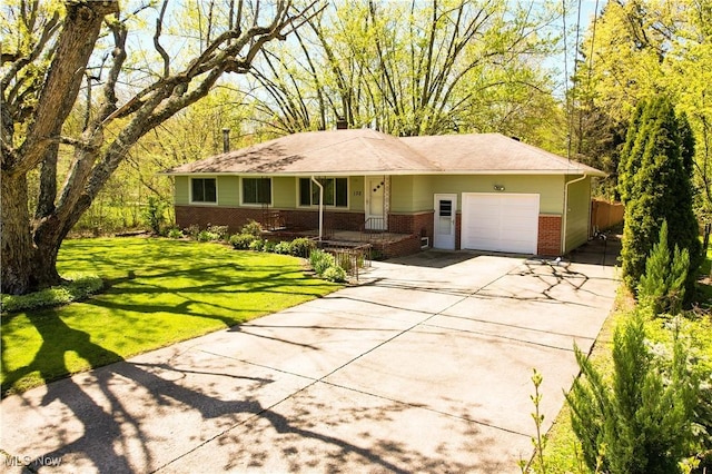 single story home with a front yard, brick siding, concrete driveway, an attached garage, and a porch