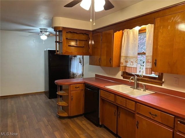 kitchen with open shelves, ceiling fan, a sink, dark wood finished floors, and black appliances