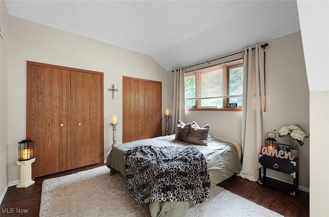25078 Mill River Rd, Olmsted Falls, OH 44138 - bedroom with two closets, vaulted ceiling, wood finished floors, and baseboards