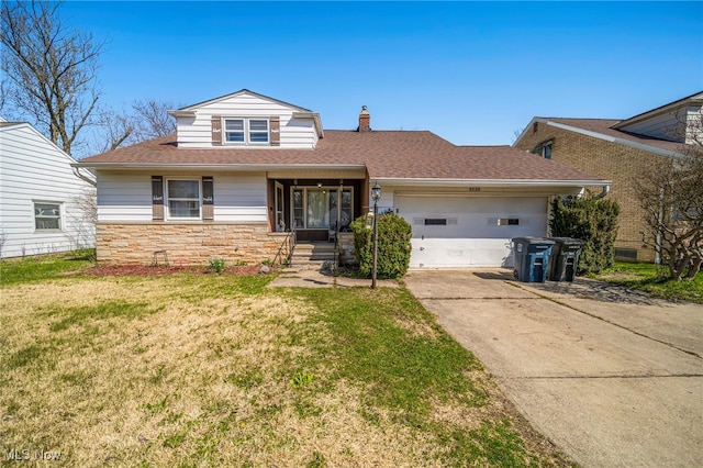 view of front of house with a garage, a front lawn, concrete driveway, a shingled roof, and stone siding