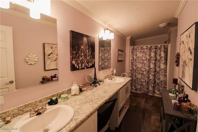 bathroom featuring double vanity, curtained shower, ornamental molding, and a sink