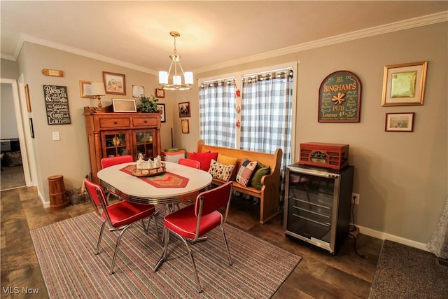 dining area featuring baseboards, ornamental molding, dark wood-type flooring, and a chandelier